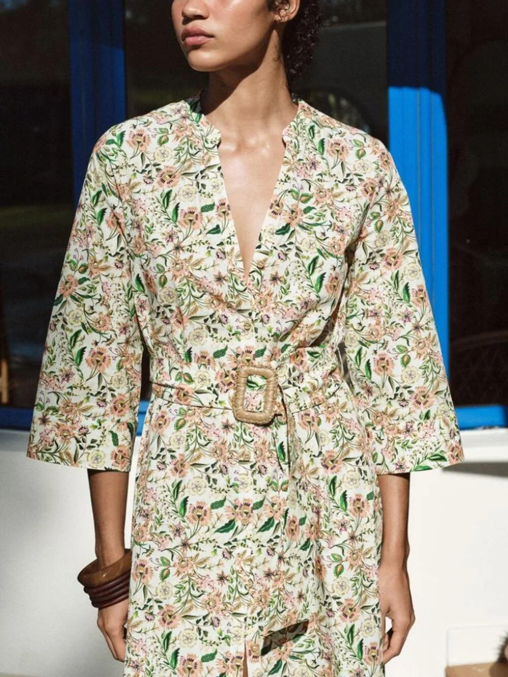 Zara Printed Midi Poplin Dress XL Organic Cotton Belted Button Front Summer NWT